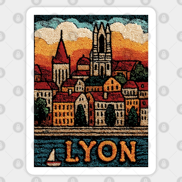 Historic Lyon France Linocut Print | Vintage Vieux Lyon Souvenir Sticker by TuncGK